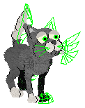 A cat as seen in the late 90s virtual pet series, Petz - rendered entirely with spheres (balls) and connecting lines. The cat features neon green details and wireframe-style additions to its body on its left side, and a natural grey/white coat on its right side.